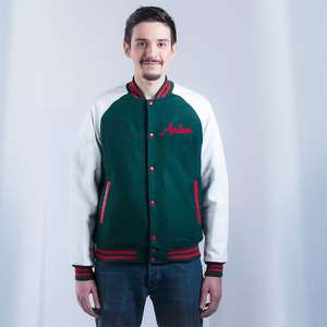 Custom Varsity Letterman <b>Jacket</b> Wholesale Vintage Green Wool Body White Leather Sleeve Embroidery Button Down <b>Men</b> Bomber <b>Jackets</b> - Product Image 3