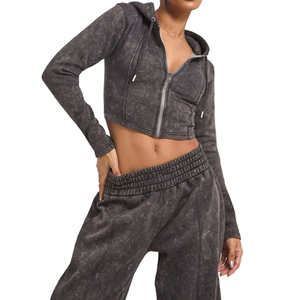 Women Winter Solid Casual 100% Cotton Acid Wash 2-Piece Tracksuit <b>Cropped</b> <b>Zip</b>-<b>Up</b> Hoodie and Wide-Leg Pants Lounge Set - Product Image 6
