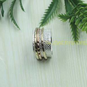 Handmade Spinner <b>Ring</b> 925 <b>Silver</b> Brass Copper Meditation Band Textured Wide Band Anxiety Relief Fidget <b>Ring</b> Unisex Jewelry Him - Product Image 3