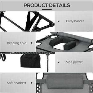 Sedia a Sdraio Pieghevole a 5 Livelli di Reclinazione con Foro per la Lettura, Tasca Laterale e Poggiatesta, Comoda Sedia da Spiaggia Grigia - Product Image 5