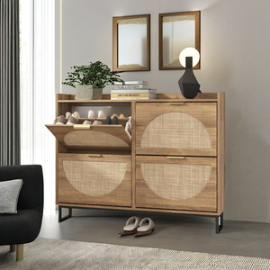 Meuble à chaussures en bois avec tiroirs rabattables, rangement dissimulé pour chaussures, design moderne, pieds en métal, meuble de salon - Product Image 4