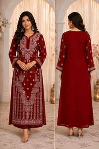 Kurti Georgette Chikankari le plus vendu - Kurti ethnique décontracté pour femme, brodé de luxe à Lucknow, couleur rouge bordeaux - Product Image 2