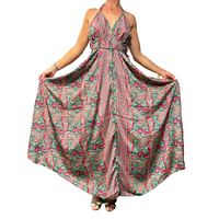 Robe longue décontractée d'été en soie pour femme, coupe trapèze, taille naturelle, style bohème floral, col en V, style romantique, infroissable et respirante