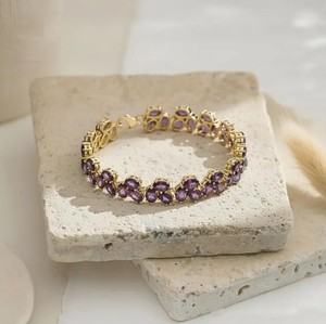 Oval Cut Natural Amethyst Charm <b>Bracelet</b> in 925 Sterling Silver Gold Plated Luxury Elegant Handmade Certified Gemstone Jewelry - Product Image 4