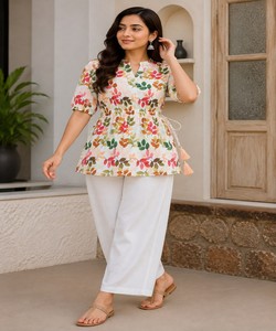 Women Floral <b>Printed</b> Rayon Vintage Quick Dry Kurta <b>White</b> <b>Palazzo</b> Pants Casual Ethnic India Pakistan Summer Loose Fit 86664 FVD- - Product Image 1