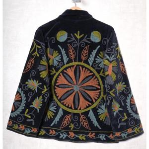 Hand Embroidered Quilted Breathable Velvet <b>Jacket</b> with Floral Pattern <b>Mandarin</b> <b>Collar</b> Full Sleeve Women's Winter Coat - Product Image 4