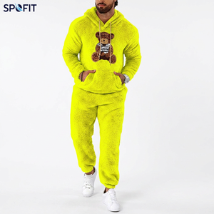 SPOFIT Men's Fleece Sherpa Tracksuit <b>Teddy</b> Bear Print Hoodie & Jogger Pants <b>Set</b> Plush <b>Lounge</b> wear Two Piece Outfit - Product Image 3