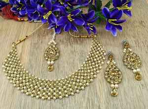 Indian Women's Traditional Wedding <b>Set</b> <b>Gold</b> Plated Zircon Alloy Choker Necklace Earrings Maang Tikka Red Pearl Beads Party - Product Image 6