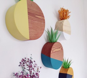 Handcrafted Wooden Wall Planter Custom Logo Geometric Painted Wood Hanging Flower <b>Pot</b> PE Coated Eco-Friendly Carton Packaging - Product Image 5