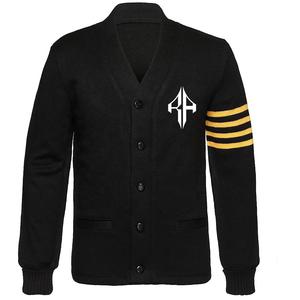Cardigan noir en tricot à col en V avec logo blanc et rayures jaunes sur les manches pour un look décontracté unisexe en automne - Product Image 1