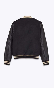 Veste varsity noire pour homme, corps en laine, manches en cuir PU, boutons pression, style baseball, coupe classique confortable, automne - Product Image 3