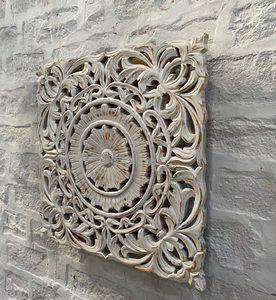 Panneau mural décoratif carré en bois massif blanc vieilli, sculpté à la main avec motifs floraux, pour la tête de lit des canapés et la décoration murale de salon - Product Image 6