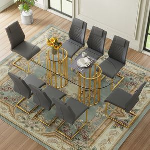 Tavolo da Pranzo Ovale di Lusso in Vetro Temperato da 71 Pollici, Set di Sedie in PU Grigio Scuro di Alta Qualità, Sedute Confortevoli con Doppia Colonna Dorata - Product Image 1