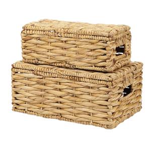 ISLA Set of 2 Nestable Handwoven Rect Flat Coil Hyacinth Lidded Storage <b>Basket</b> Boxes <b>for</b> <b>Shelf</b> Closet and Home Organization OEM - Product Image 4