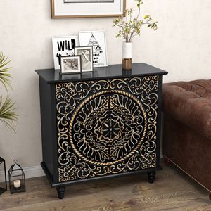 Black Wood Carved Floral <b>Sideboard</b> 2-Door Buffet Cabinet Decorative Accent <b>Storage</b> Credenza for Entryway & Living Room - Product Image 1