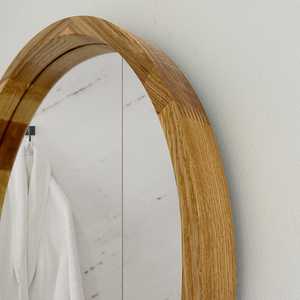 Modern Round Solid Wood Wall Mirror Integrated Storage Ledge Shelf Natural <b>Oak</b> Timber <b>Frame</b> Bathroom Vanity Decor Artwork Object - Product Image 4