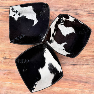 Western Black & White Hair On Cowhide Leather 3 Tray Sets Premium Black Relieve Leather Bowl Lujoso Valet Tray Regalos de boda - Product Image 2