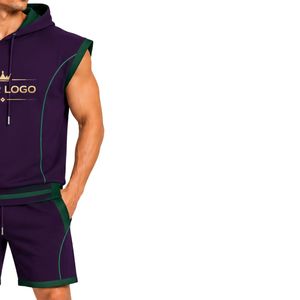 Mens Dark Purple Dark Green <b>Sleeveless</b> Hooded Tracksuit Set Custom Logo Gym Fitness Training Sports <b>Hoodie</b> And Shorts Activewear - Product Image 4