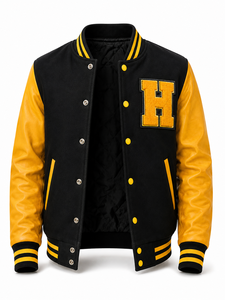 Chaqueta Varsity Unisex Negra con Parches Amarillos, Letra H Bordada en la Parte Delantera, Manga de Lana/Poliéster, Cuello Camisero, Corte Regular - Product Image 2
