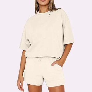 Stylish Cotton Summer 2 Piece <b>Set</b> Women Custom Printed Lace Logo Above Knee Shorts Shirt High Quality Breathable <b>Sets</b> - Product Image 2