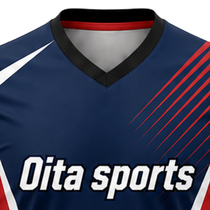 Ensemble de maillot et short de volley-ball bleu marine, rouge et blanc, manches longues, sublimé, personnalisé pour équipe, tenue de tournoi - Product Image 4
