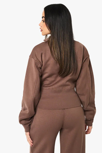 Women Brown <b>Zip</b>-<b>Up</b> Hoodie Full Sleeve Solid Knitted Stand Collar Short Length Autumn Wear - Product Image 5