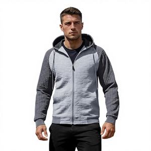 Sudadera con capucha a cuadros para hombre, con cierre de cremallera, ligera, de manga larga, con cordón ajustable, informal, deportiva, con bolsillo. - Product Image 1