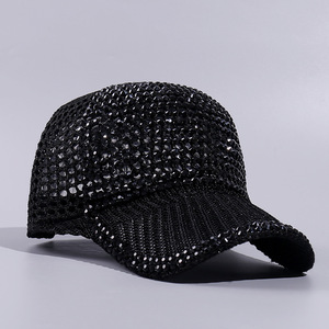 Casquette de baseball noire à 6 panneaux avec strass, imprimé floqué, maille scintillante et cristaux, style streetwear pour femme, idéale pour les fêtes d'été, modèle snapback - Product Image 1