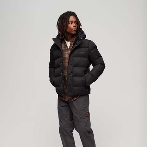 Veste matelassée à capuche pour homme, hiver, noire, couleur unie, manches longues, épaisse, coupe-vent, fermeture éclair, coupe classique - Product Image 3