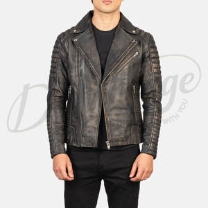 แจ็คเก็ตหนังแท้สีเทาสไตล์ไบค์เกอร์สำหรับผู้ชาย รุ่นพรีเมียม แต่งลายควิลท์ที่ไหล่ ทรงเข้ารูป สไตล์วินเทจ - Product Image 1