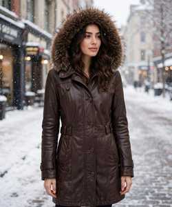 <b>Women's</b> Brown Genuine Leather <b>Parka</b> <b>Coat</b> <b>With</b> <b>Fur</b> Trim <b>Hood</b> Winter Jacket - Product Image 4