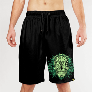 Pantalones cortos negros de secado rápido para hombre con estampado de calavera verde, cintura con cordón, ropa deportiva informal - Product Image 1
