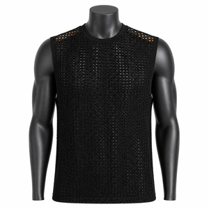 Wholesale <b>Men's</b> <b>Black</b> Knitted Sleeveless Tank Top Crew Neck Hollow Out Dot Pattern Breathable Casual Wear - Product Image 1