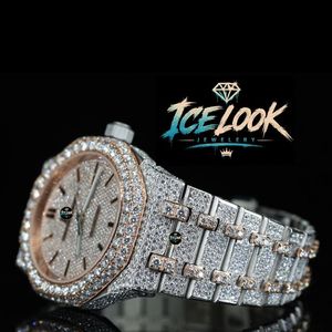 Reloj Automático de Cuarzo con Aspecto de Hielo, Incrustaciones de Diamantes, Tono Oro Rosa, 41 mm, Correa de 20 mm, Reserva de Energía, Joyería de Lujo para Hombre - Product Image 3
