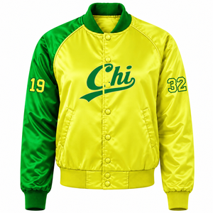 Chaqueta Universitaria de Satén Verde y Amarillo en Contraste para Mujer de la Hermandad Chi Eta Phi, con Botones a Presión en la Parte Delantera, Cuello y Puños de Punto Acanalado - Product Image 3
