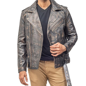 Blouson moto homme en cuir véritable, coupe ajustée, col rabattable, fermeture éclair, finition délavée, style automne - Product Image 4