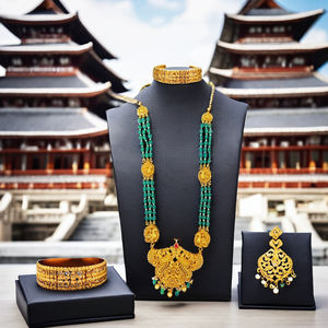 ชุดสร้อยคอยาวแบบโบราณของอินเดีย ทำจากทอง 22K ประดับด้วยไข่มุกและลูกปัดสีเขียว |   ชุดเจ้าสาวลายพิมพ์นกยูง - Product Image 3