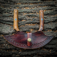 Couteau Ulu artisanal en acier inoxydable avec manches en bois de rose et étui en cuir - Hachoir à herbes à double poignée, vente en gros, OEM, personnalisé