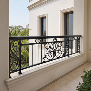 Rampe de balcon en fer forgé noir, design ornemental à volutes, garde-corps de façade de villa, balustrade extérieure en métal, décoration haut de gamme - Product Image 2