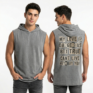 Débardeur à capuche sans manches personnalisé pour homme, style streetwear, gris délavé à l'acide, avec impression de texte, effet délavé minéral, fournisseur de vêtements - Product Image 1