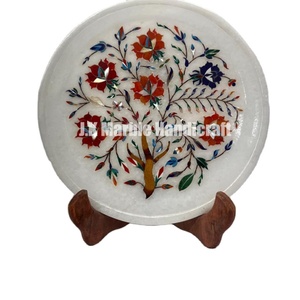 Malkrana-Plaque d'incrustation en marbre blanc semi-précieux avec fleur, fabrication artisanale de pierre artisanale, fabriquée en Inde - Product Image 1