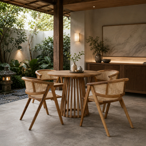 Ensemble de salle à manger 5 pièces en teck Amani moderne, durable et de qualité supérieure, avec chaises en teck à dossier à lattes – Vente en gros - Product Image 6