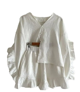 Women's White Cotton <b>Linen</b> Set Loose Prairie Chic V-Neck Ruffle Sleeve <b>Top</b> and Skirt Matching Outfit - Product Image 2