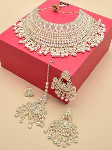 Traditional Indian Gold Plated Zircon Bridal Jewelry Set with <b>Choker</b> Necklace Earrings Maang Tikka & Ring for Weddings & Party - Product Image 2