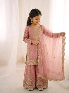 Ensemble Anarkali traditionnel brodé rose pour filles, style indien pakistanais, coupe régulière, longueur cheville, en polyester, idéal pour les mariages - Product Image 2