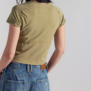New Trendy Women Olive Green Cap Sleeve Crop Top Knitted Spandex Cotton Slim Fit Casual <b>Spring</b> Summer O-Neck Exposed Seam TShirt - Product Image 2