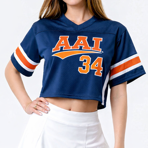 เสื้อเจอร์ซีย์สไตล์อเมริกันฟุตบอลสีกรมท่าสุดฮิตสำหรับผู้หญิง แขนสั้น ผ้าตาข่าย แบบครอป  รับผลิตเสื้อทีมกีฬาตามสั่งจำนวนมาก ผู้ผลิตชุดกีฬาฟุตบอล - Product Image 2