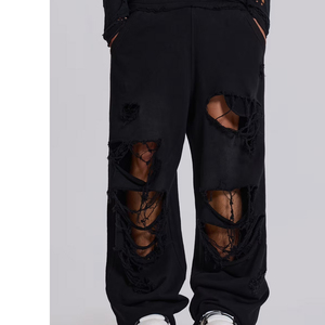 Pantalones Deportivos Negros para Hombre, Estilo Desgastado, Cintura Elástica, Estilo Urbano, Joggers Oversize, 100% Algodón, Peso Medio, para Otoño - Product Image 1