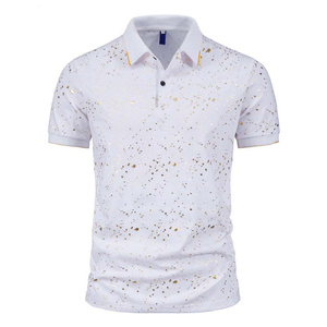 Camisa de Manga Corta para Hombre, Color Azul Marino, con Estampado de Lámina Dorada, Cuello Clásico, Corte Entallado, Casual, Antiarrugas, con Bolsillo - Product Image 2