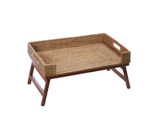 Bandeja de Servicio de Mimbre Hecha a Mano con Patas Plegables de Madera, Mesa Rectangular de Mimbre con Asas Integradas, Hecha en Vietnam - Product Image 1